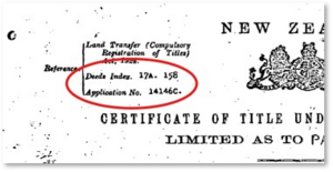 A scanned section of a New Zealand land title document. The text includes “Land Transfer (Compulsory Registration of Titles)” and “Certificate of Title.” A red oval highlights the reference details: “Deeds Index. 17A. 158” and “Application No. 141466.” The document features a partial coat of arms on the right side.