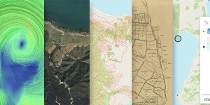 decorative banner showing five visual examples of LINZ data available to the public
