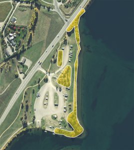 An aerial view of the Lowburn camping site showing areas along the shoreline and near the road where tree maintenance is expected to take place.