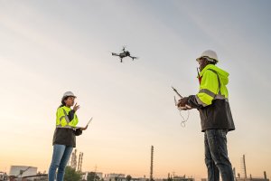 two workers in high-viz vests operating a drone