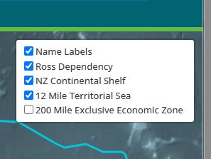 Screenshot of the list of available layers in the Gazetteer