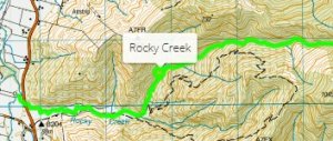 screenshot showing the green line displayed for Rocky Creek in the Gazetteer