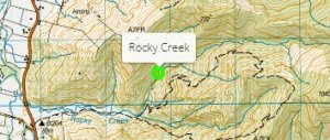 Screenshot showing the green point displayed for Rocky Creek in the Gazetteer