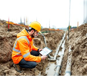 Engineer in safety gear on laptop with trench full of piping