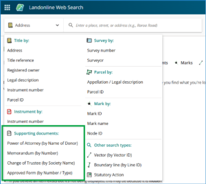 Landonline Web Search menu with 'Supporting documents' section highlighted on the bottom left.