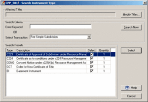 Search Instrument Type screen