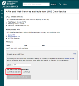 Screenshot of 'API's and Web Services available from LINZ Data Service' webpage with the 'Data Access Only' option circled.