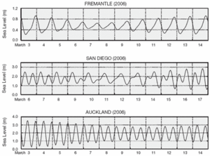 The tides in Fremantle, San Diego and Auckland have very different patterns