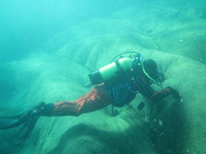 Diver swimming over hessian weed matting