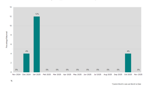 Graph of percentage of applications returned with 4% in Dec 2024, 12% in Jan 2025 and 4% in Oct 2025. 0% for all other months between Nov 2024 and 2025.