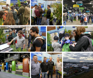 A collage of photos of people at the LINZ Fieldays booth.