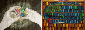 Two paintings. One shows two hands holding a Rubick's cube with parts of the globe on each square. The next shows a girl in the World Section of the library, where each book makes up the world map