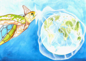 image of 2019 kids map competition winner with a turtle crying, and the globe wrapped in plastic