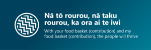 Banner reads 'Nā tō rourou, nā taku rourou, ka ora ai te iwi. With your food basket (contribution) and my food basket (contribution), the people will thrive.'