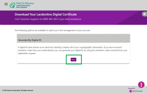 Image of the Entrust DC Loader v4 website "download your Landonline digital certificate screen". The 'next' button is highlighted.