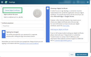 Image of the Sign instrument screen in Landonline dealings. 'Choose Digital Certificate' is highlighted.