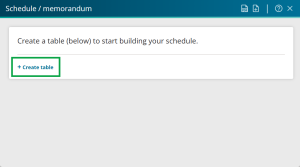 image of an empty Schedule / memorandum panel. The "Create table" button is highlighted.