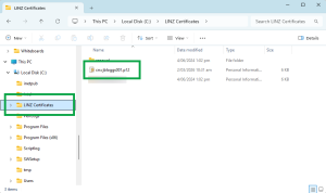 Image of file explorer on a computer. The 'LINZ Certificates' folder and the digital certificate in the folder are highlighted.