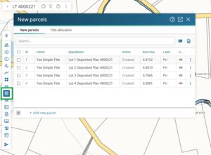 Screenshot of spatial capture screen with the New parcels icon in the workflow toolbar highlighted. The new parcels panel is open.