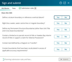 image of sign and submit panel open on the attributes tab. There is a processing icon at the bottom of the panel with the message Running submission rules and fees