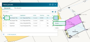 image of survey capture new parcels panel, highlighting the "relink" option in the 3-dot menu.