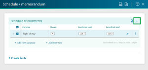 image showing a populated schedule of easements table. The "More options" icon is highlighted at the top right of the table.