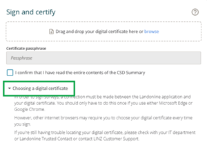 image of the sign and certify screen with Choosing a digital certificate open and highlighted.