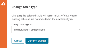 image of the Change table type confirmation pop-up.
