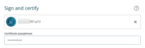 image of digital certificate and passphrase box on the sign and certify screen.