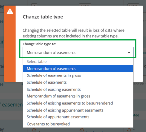 image of the open list of table types. The "Change table type to" field is highlighted.