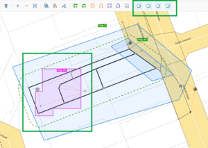 Image highlighting the edit diagram tools in processing mode at top of screen. In the centre of the screen, the selected diagram AA including the enlargement area is pink, and all remaining defined diagrams are pale blue.