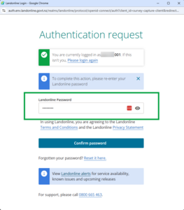 image of authentication request popup window, with the Landonline password box highlighted.