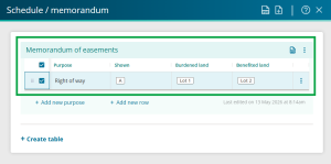 image showing the table is now a Memorandum of easements table. The original data from the Schedule of easement table has been transferred to this table.