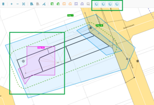 Image highlighting the edit diagram tools in processing mode at top of screen. In the centre of the screen, the selected diagram AA including the enlargement area is pink, and all remaining defined diagrams are pale blue.