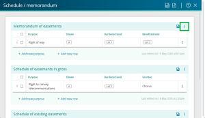 image of the schedule / memorandum panel, with a Memorandum of easements table positioned at the top. The "more options" icon for that table is highlighted.