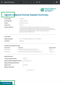 image of signed CSD summary. The Back to My work button at bottom left of screen is highlighted.