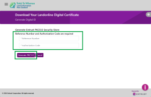 Image of the reference and authorisation code screen for DC Loader v4. The fields for the codes are highlighted. The 'Generate PKCS12' button is also highlighted.