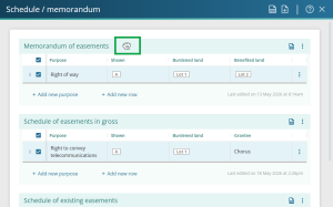 image of the schedule / memorandum panel with a Memorandum of easements table positioned at the top, above other tables. The mouse cursor is positioned over the table header, and has changed to a "grab" icon.
