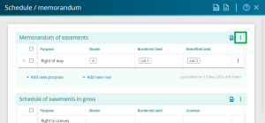 image highlighting the 3-dot menu at the top right of a memorandum of easements table.