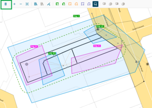 screenshot of define diagrams screen, highlighting the delete selected features tool at top left corner of screen. In centre of screen, diagrams AA and AC are pink, showing that they have been selected. All remaining diagrams are pale blue.