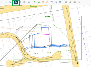 screenshot of define diagrams screen, highlighting the Select RT lines tool at top of screen. In centre of screen, a segment of RT boundary is pink, showing that it has been selected. the remaining RT boundaries are pale blue.