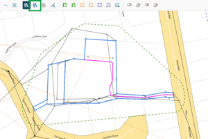 screenshot of define diagrams screen, highlighting the Add RT lines tool at top of screen. In centre of screen, a segment of RT boundary is pink, showing that it has been selected. the remaining RT boundaries are pale blue.