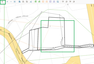 screenshot of define diagrams screen after delete RT lines process is complete. The delete selected features tool is highlighted in top left corner. The space where the RT lines were deleted from is also highlighted. The remaining existing RT boundary is depicted with a dash-dot line.