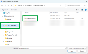 image of file explorer, highlighting the LINZ certificates folder and the digital certificate