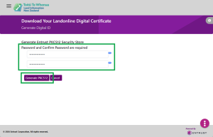 image of the passphrase and confirm passphrase screen for DC Loader v4. The passphrase fields are highlighted. The 'Generate PKCS12' button is also highlighted.