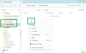 image of the LINZ Certificates folder on a computer. The menu is open, and 'Paste' is highlighted.