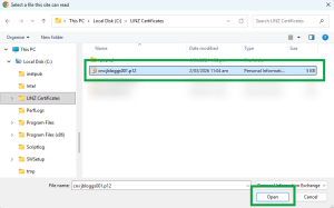 image of file explorer, highlighting the selected digital certificate and 'Open' at the bottom right of the window.