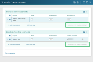 image of a partially completed Schedul / memorandum panel. The "last edited" is highlighted under each table.