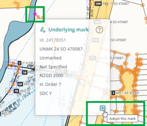 screenshot in survye capture, highlighting the selected underlying mark. The underlying mark panel for the mark is open, and the cursor is positioned on the adopt this mark icon at bottom right corner of panel.
