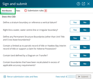 image of Attributes tab in Sign and Submit panel. There are 6 questions that have been answered with either yes or no.